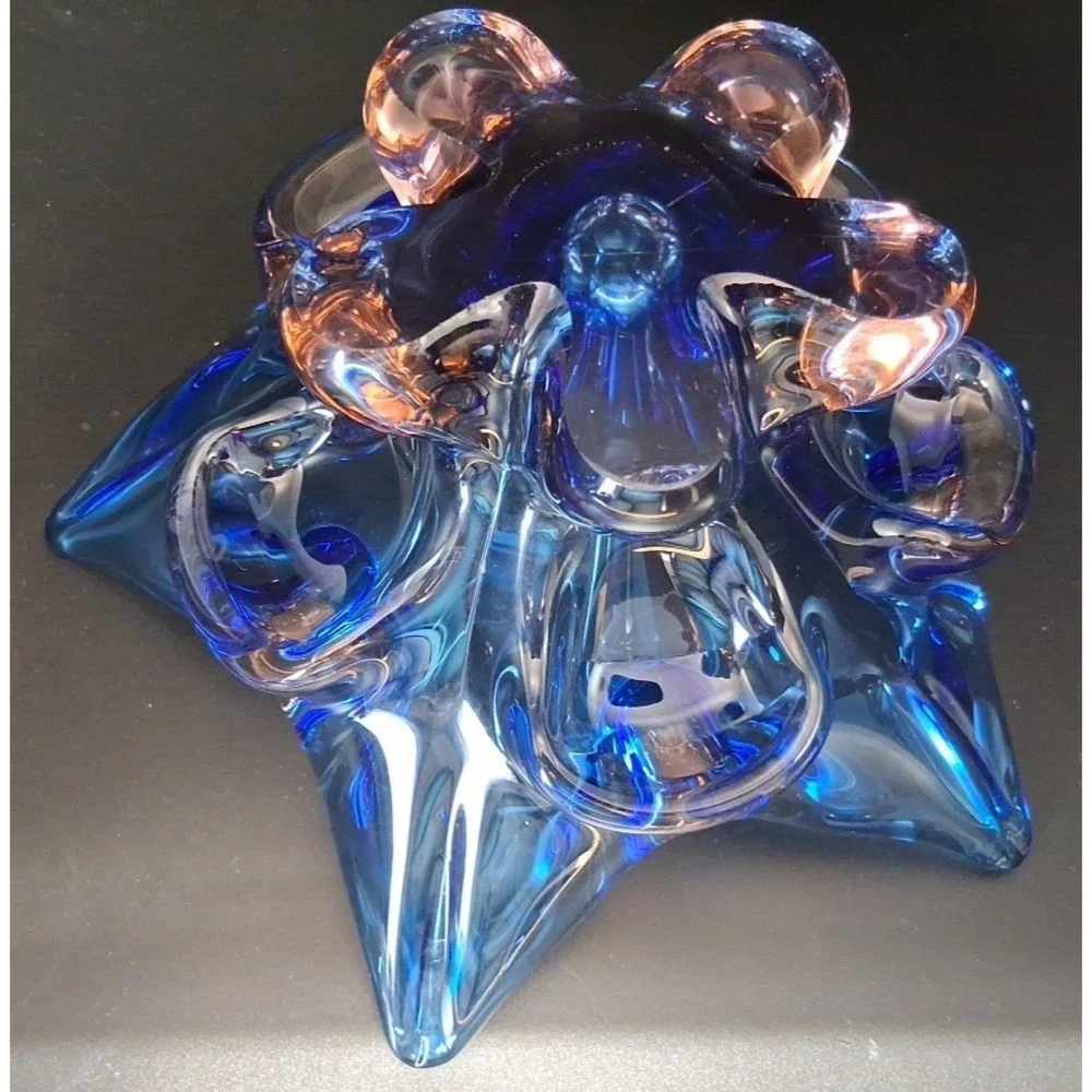 Vintage Murano Sommerso Art Glass Candle Holder, Blue, Clear with Pink Tint